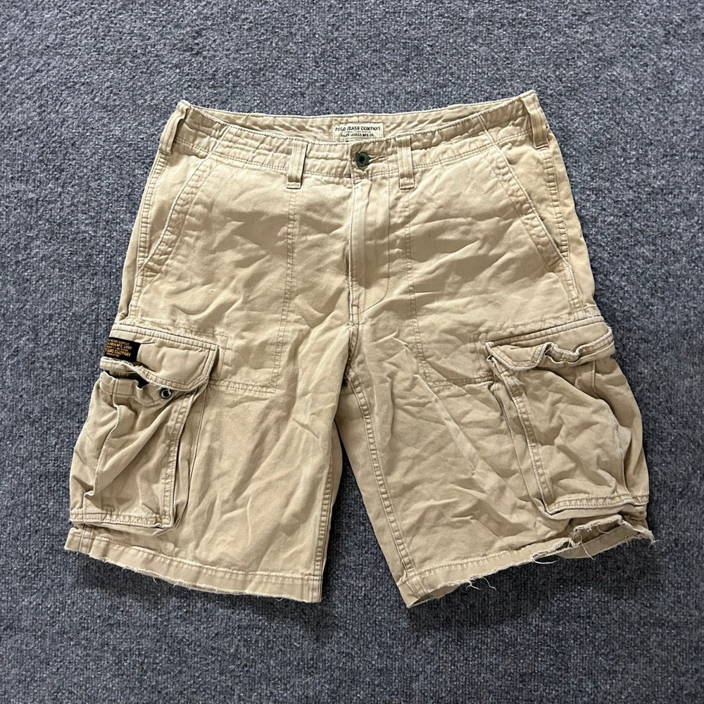 Polo Jeans Co Shorts Mens Size 32 Tan Cargo Distressed Frayed Hem Cotton Casual